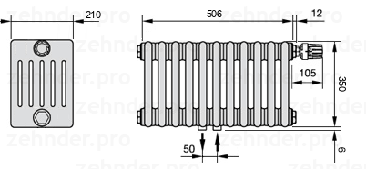 Схема (чертеж) Радиатор Zehnder Charleston 6035/11 №V008 Белый глянцевый RAL 9016